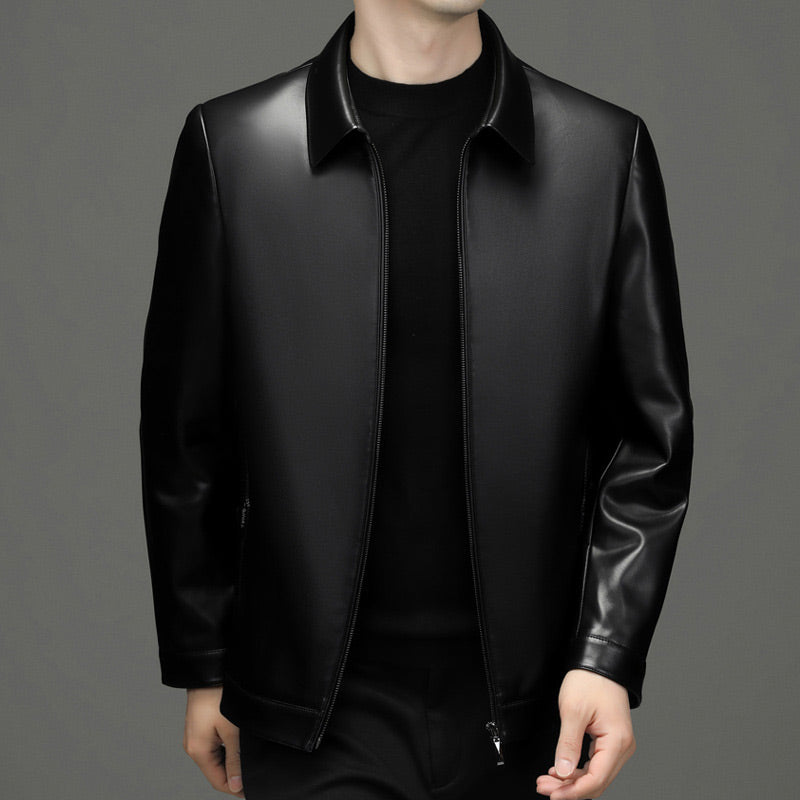 Men's Classic Leather Jacket with Zipper Front