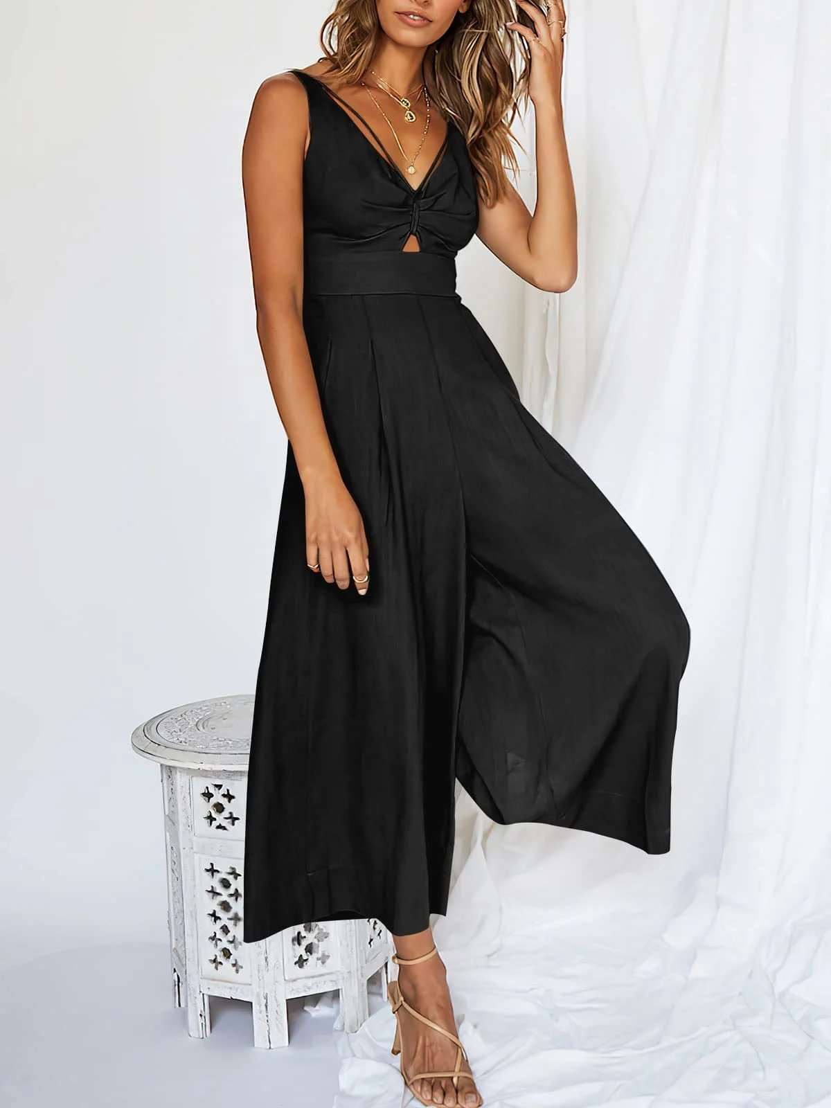 Summer V Neck Cutout Wide Leg Jumpsuits