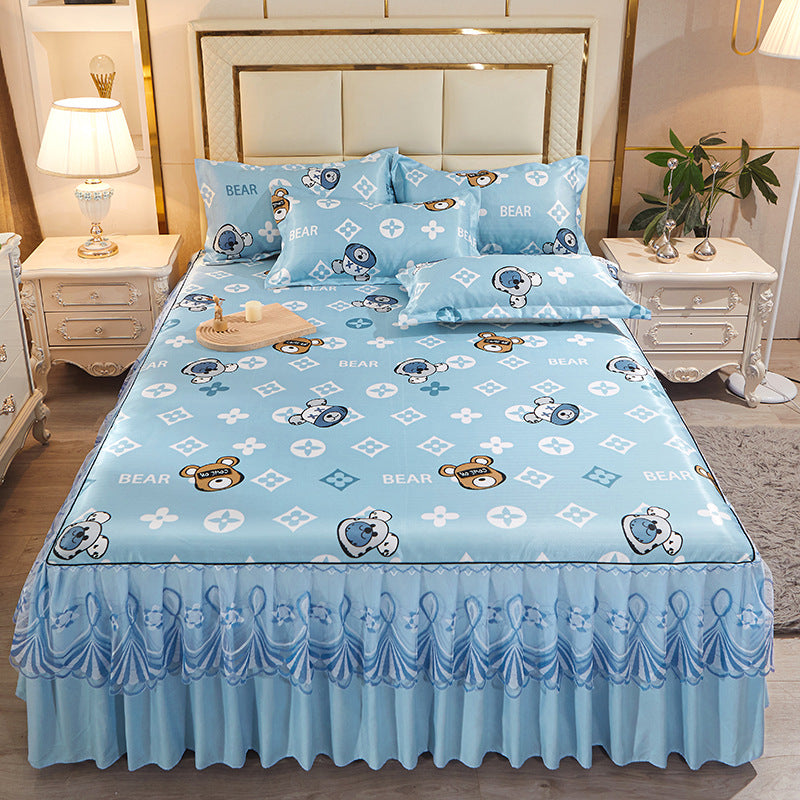 Ice Silk Skirt Style Bed Mat Three-Piece Set