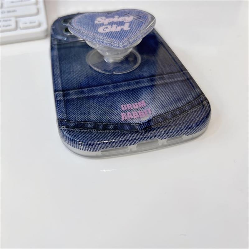 Printed Denim Shockproof Case With Heart Popsocket