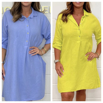 Plus Size Shirt Dress With Rolled Up Sleeves And Pockets