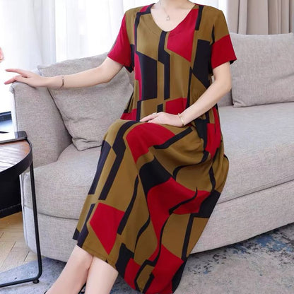 Women’s Oversized Stylish Print Short-sleeve Dress with Pockets