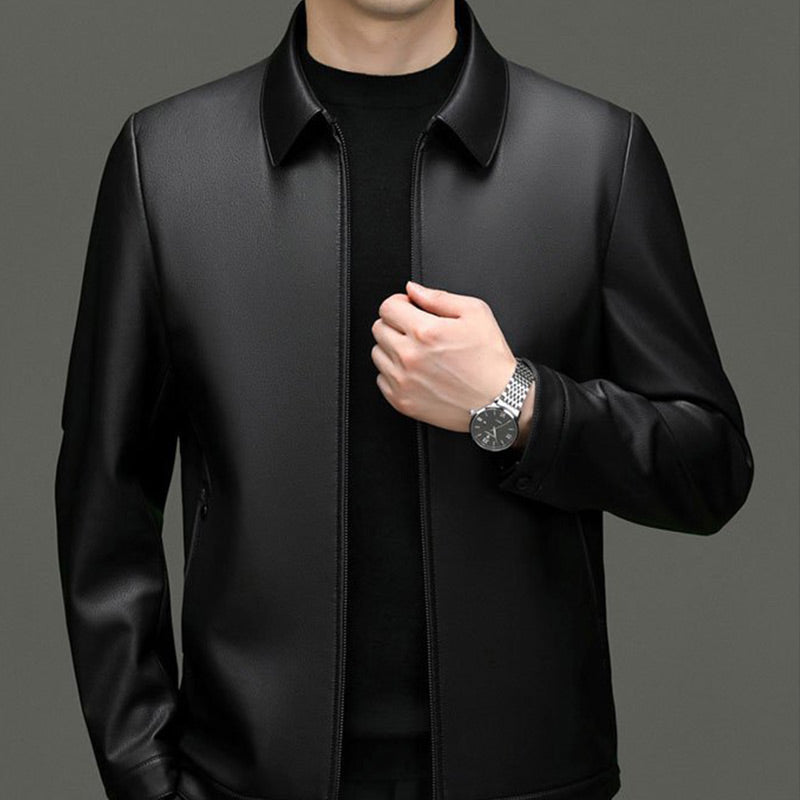 Men's Classic Leather Jacket with Zipper Front