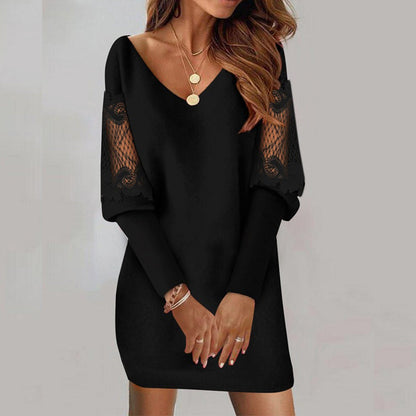 V-Neck Patchwork Sleeve Mini Dress for Women