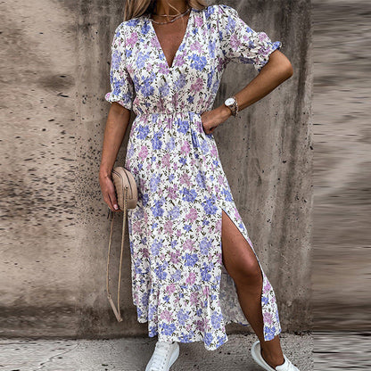 🔥🌸2024 New Elegant Plus Size Dress With V-neckline Floral Pattern High Waist And Slit