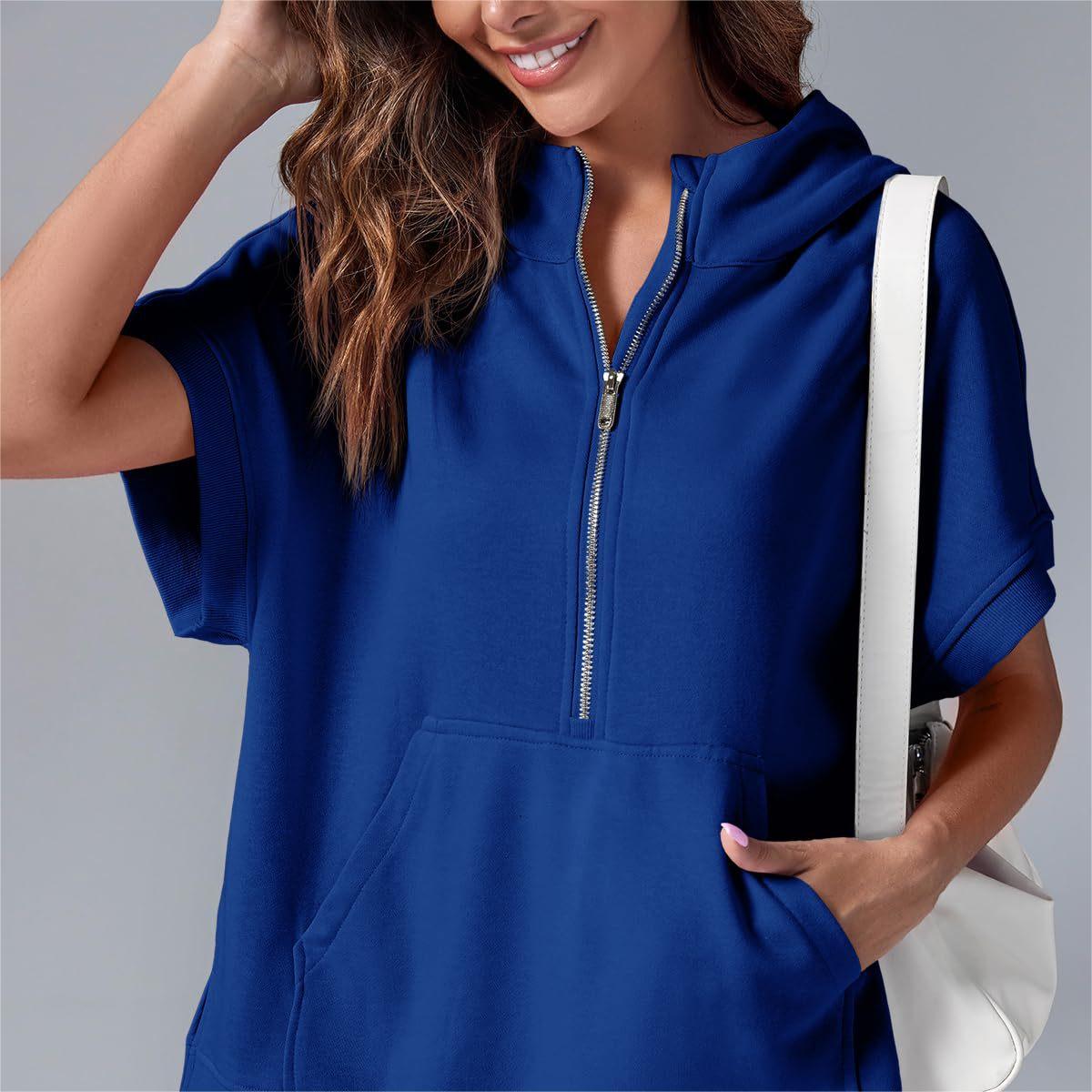 Oversized Casual Half Zip Short Sleeve Pullover Tops with Pockets