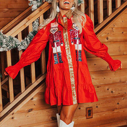 Nutcracker Sequin Button-Down Long Sleeve Mini Dress