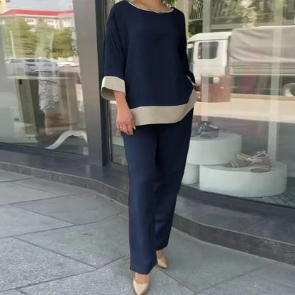 Elegant Long-sleeved Round-neck Trouser Set With Straight Legs