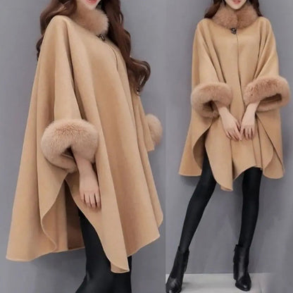 [Best Gift for Her] Elegant Solid Color Faux Fur Collar Loose Poncho Coat