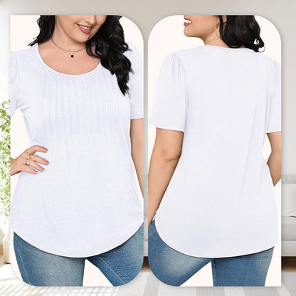 Women's Summer Round Neck Short Sleeve Pleated T-Shirt