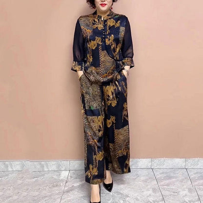 Plus Size Flowy Fashion Printed 2-Piece Set for Middle-aged Women