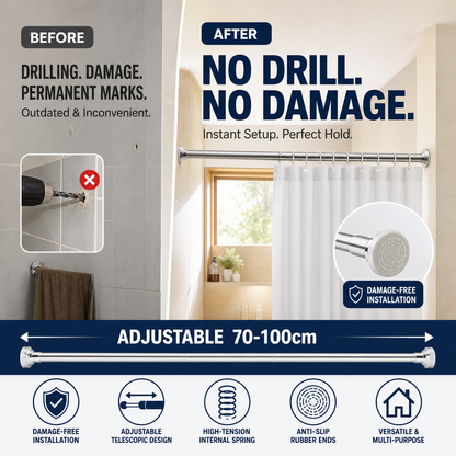 🛏️ 🔧 Adjustable No-Drill Tension Rod – Damage-Free Install, Anti-Slip & Multi-Purpose, Max 15KG Load 🏠