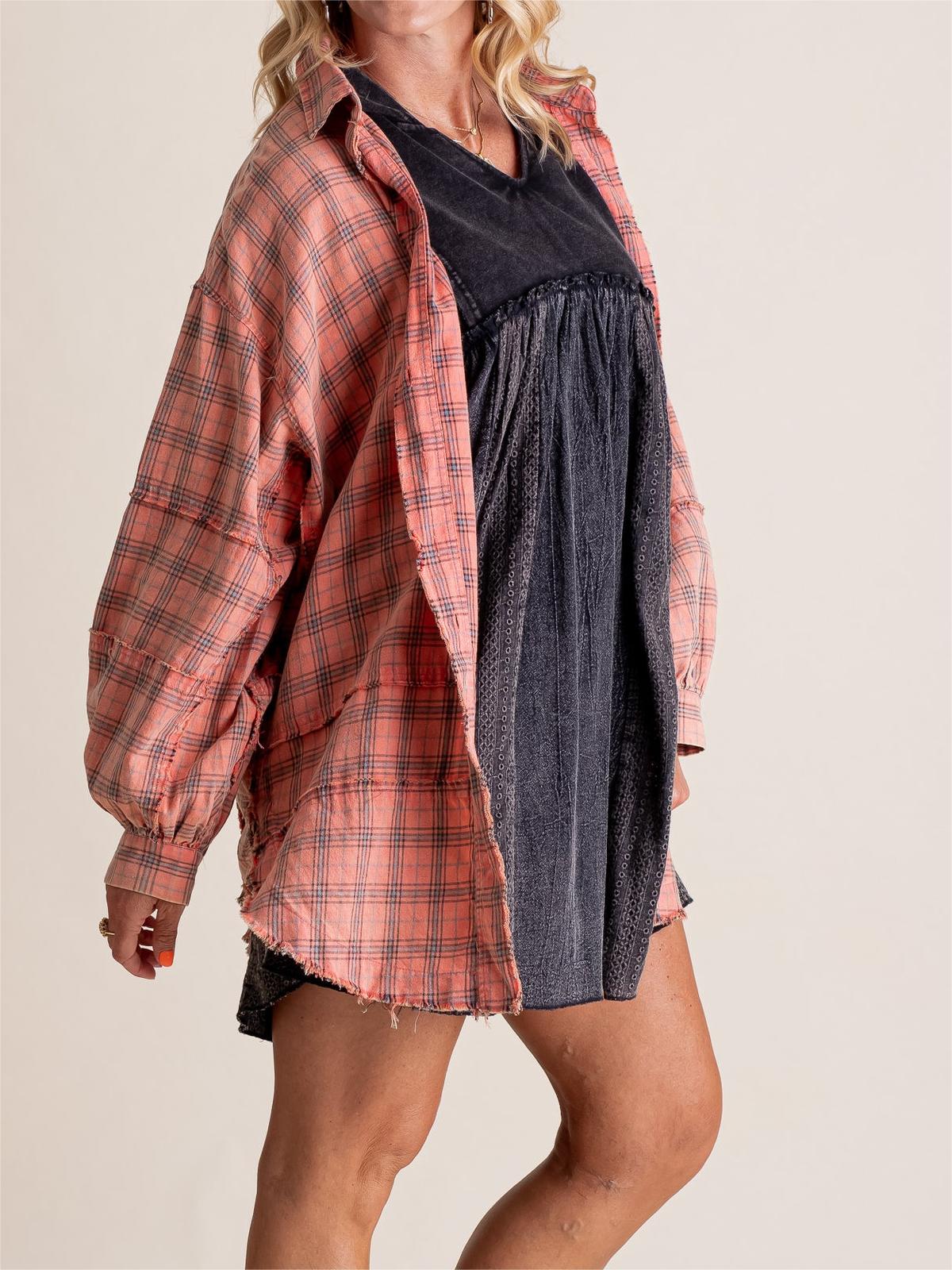 Women's Mineral Washed Button Down Plaid Shirt