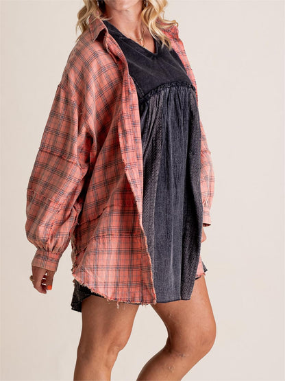 Women's Mineral Washed Button Down Plaid Shirt