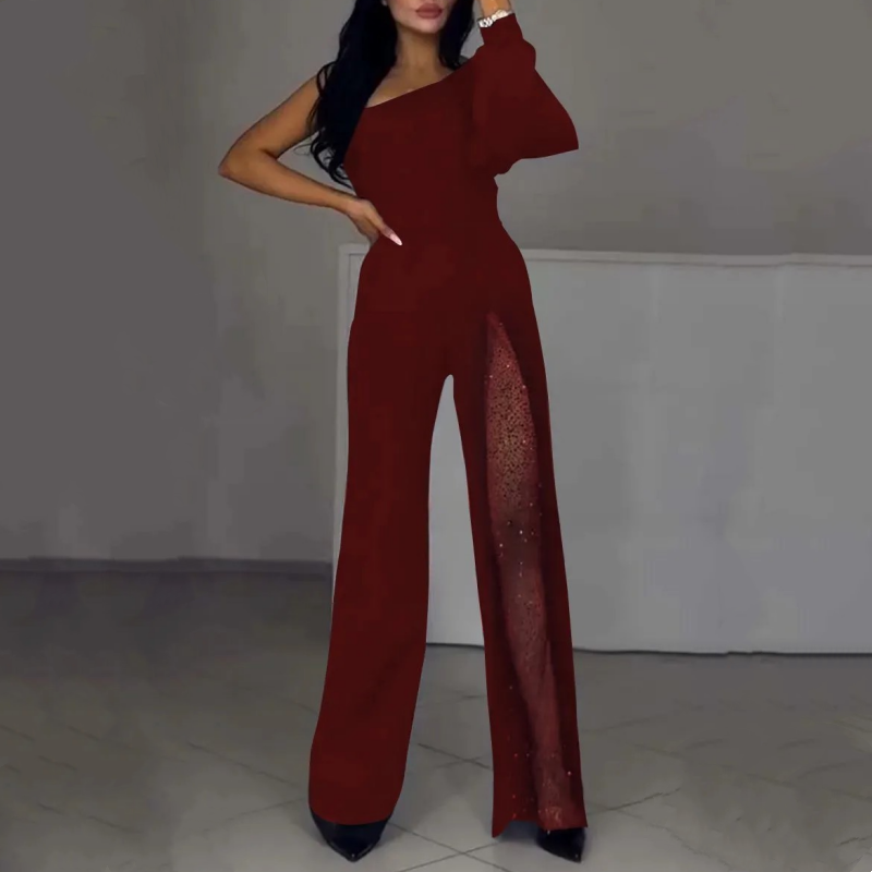 Women's One Shoulder Glitter Mesh Flared Jumpsuit