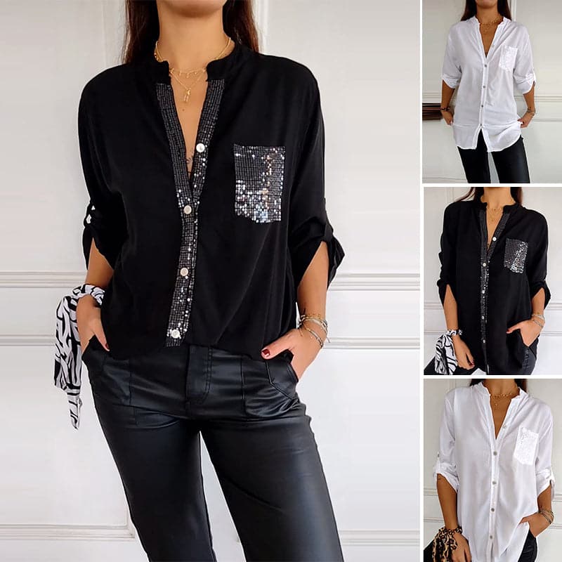 🌷Cotton V-neck Sequin Mid-sleeve Casual Top