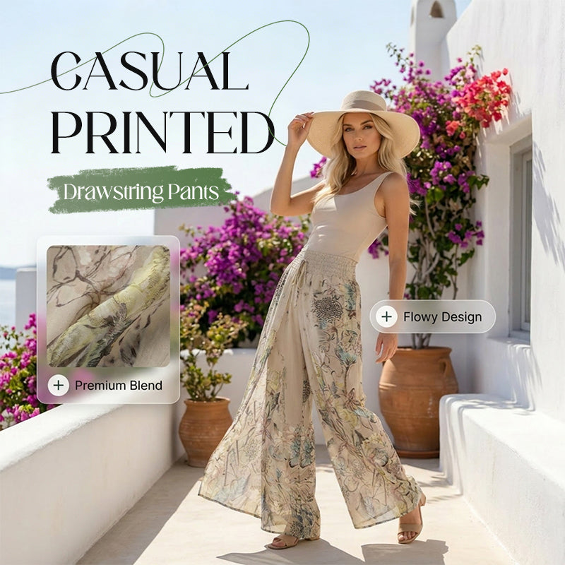 Women's Printed Wide-Leg Drawstring Trousers