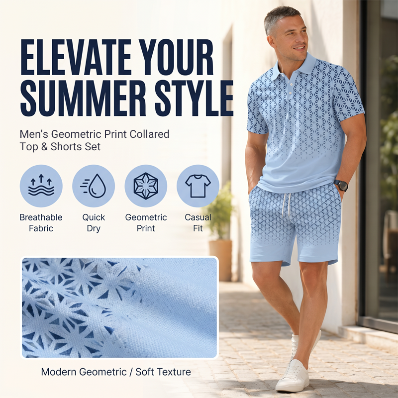 👕 Men's Geometric Print Collared Top & Shorts Set – Modern Pattern & Breathable Coordinated Look 🔷