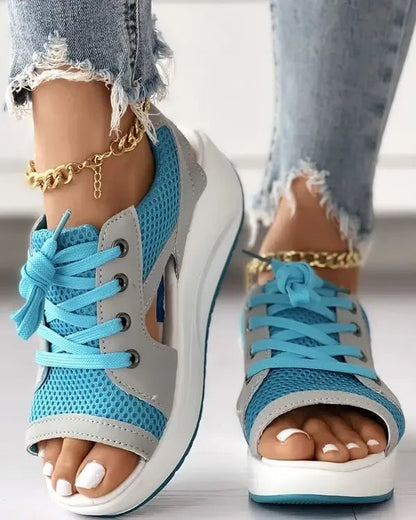 Contrast Paneled Cutout Lace-Up Muffin Sandals