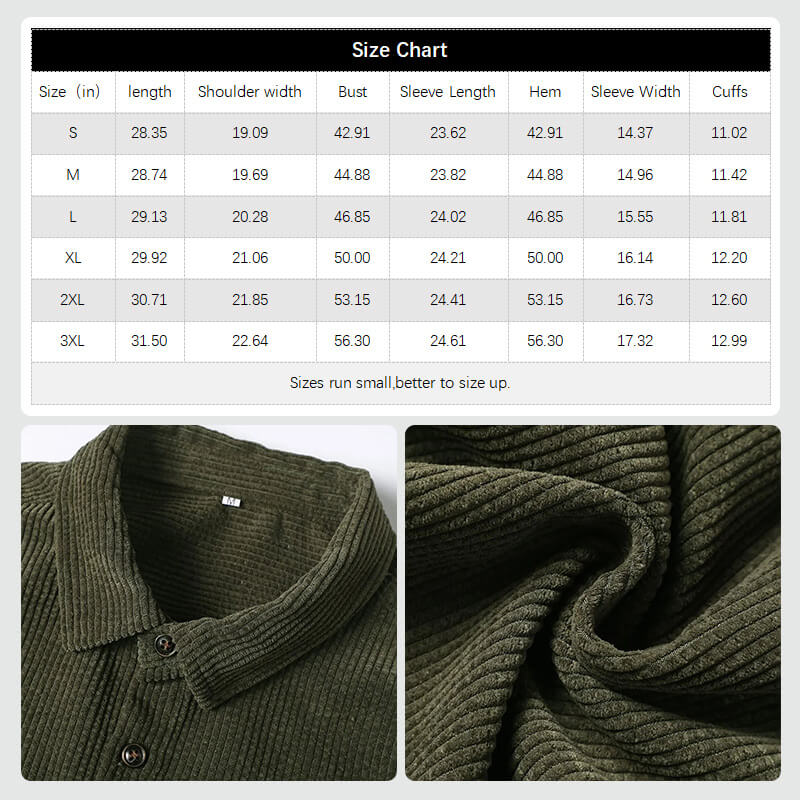 Men's Corduroy Shirt Button Long Sleeve Casual Blouse