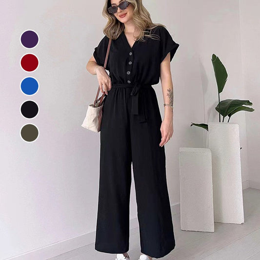 💖 Women's V-Neck Short Sleeve V-Neck Casual Jumpsuit