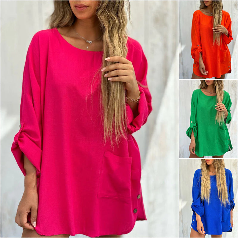 Women's Solid Color Loose Tops with Roll-Up Sleeves