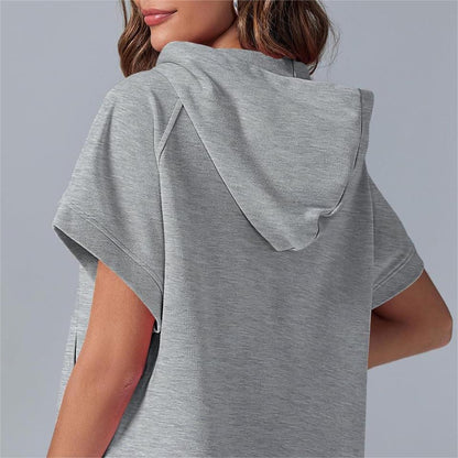 Oversized Casual Half Zip Short Sleeve Pullover Tops with Pockets