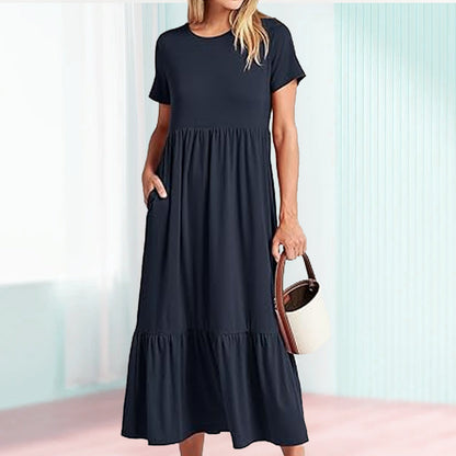 Women's Round Neck Pleated Solid Colour Dress