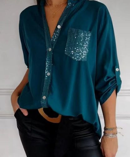 🌷Cotton V-neck Sequin Mid-sleeve Casual Top