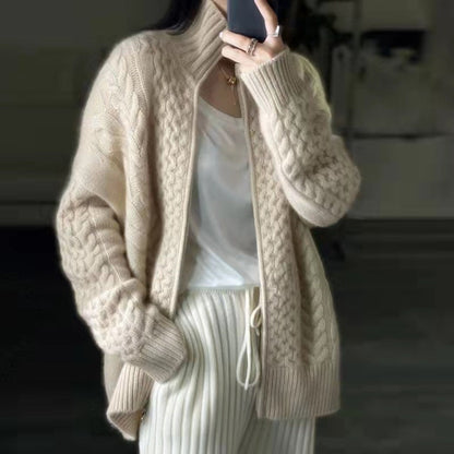 Women's Cardigan Sweater Jumper Cable Knit Cropped Zipper Solid Color Open Front Stylish