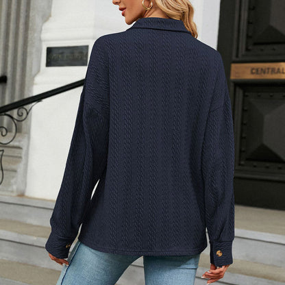 Women's Lapel Knit Long-Sleeve Button Down Top