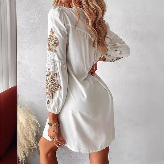 Women's Boho Floral Embroidery Tied Detail Casual Dress