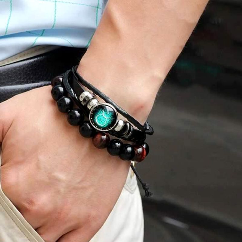 Luminous 12 Constellations Bead Leather Woven Bracelet - Great Gift