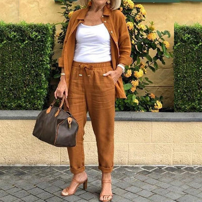 Women's Cotton Linen Long Sleeve Blouse And Pants Set 🧥+👖