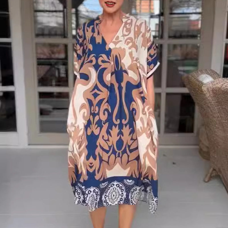 Printed V Neck Loose Midi Dress