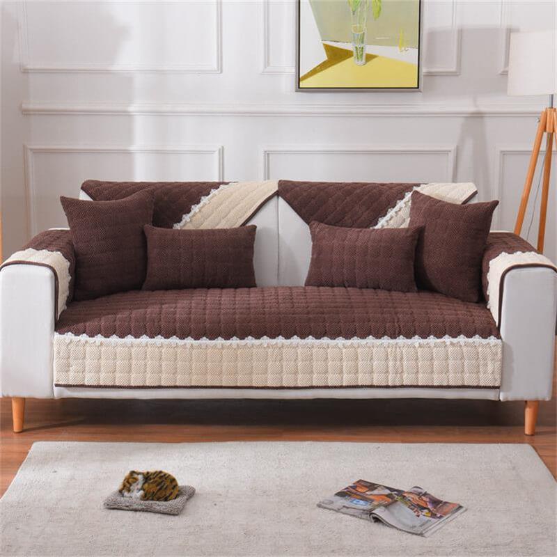 Corduroy Colour Block Non-slip Couch Cover with Lace