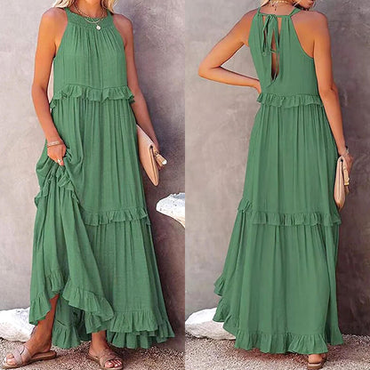 Women's Summer Casual Sleeveless Strappy Backless flounces Dress