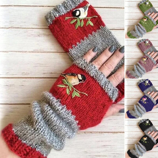 Warm Patchwork Embroidered Gloves