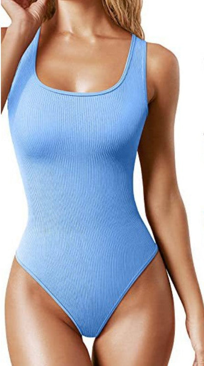 Women's Solid Color Ribbed Low Neck Sleeveless Body Shaping Bodysuit