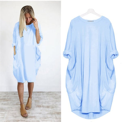 17 Colors Women Casual Loose Pocket Long Sleeves Dress