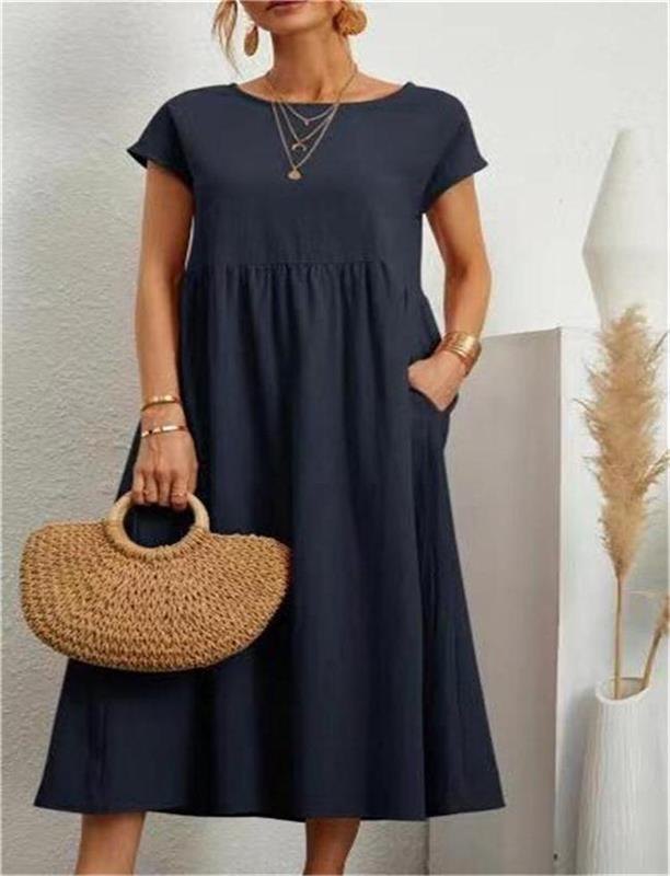 Fashion Solid Color Cotton Linen Pocket Dress