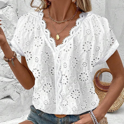 Elegant White Lace V-Neck Short Sleeve Top