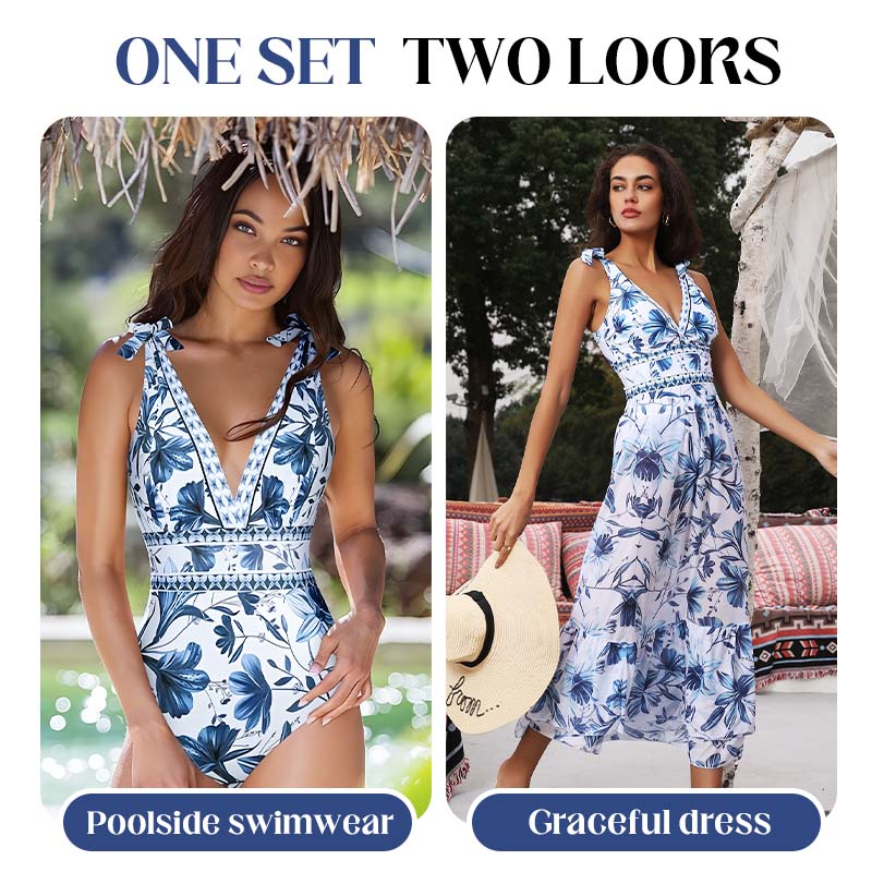 💥 V Neck Lace Up Printed One Piece Swimsuit and Skirt