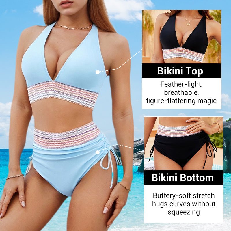 👙High Waisted Tummy Control Colour Block Bikini Sets
