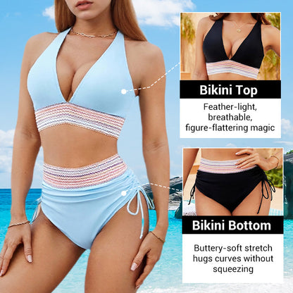 👙High Waisted Tummy Control Colour Block Bikini Sets