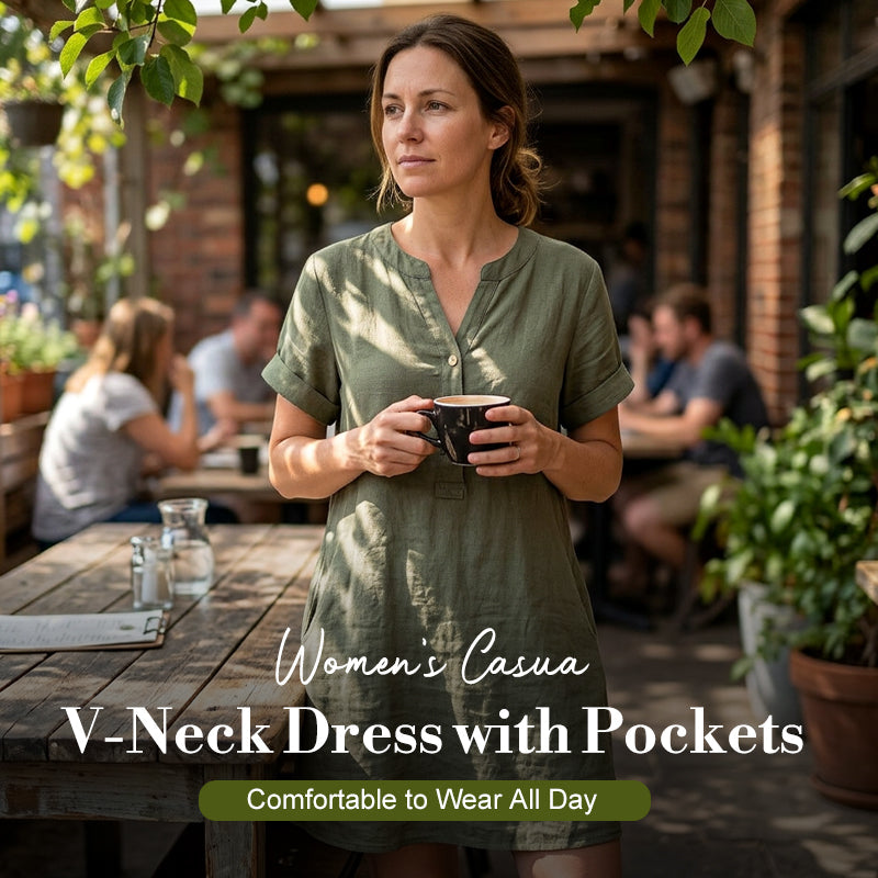 👗Women's V-Neck Tunic Dress – Relaxed Fit, Pockets & Breathable