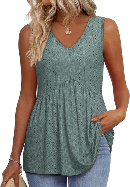 💜Women's Print Flowy Sleeveless V Neck Peplum Tank Tops