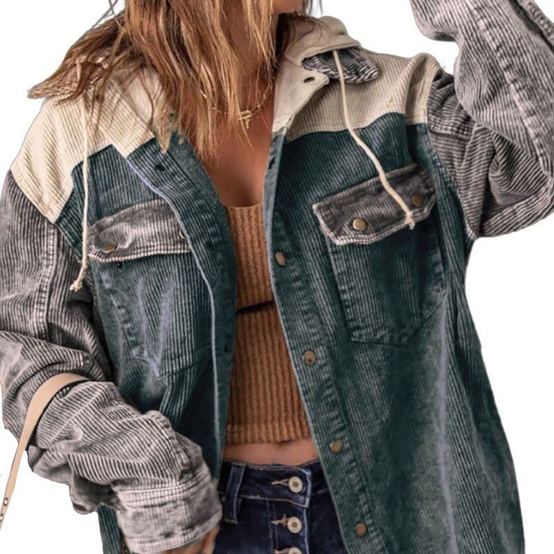 Women's Casual Corduroy Hooded Color Block Jacket