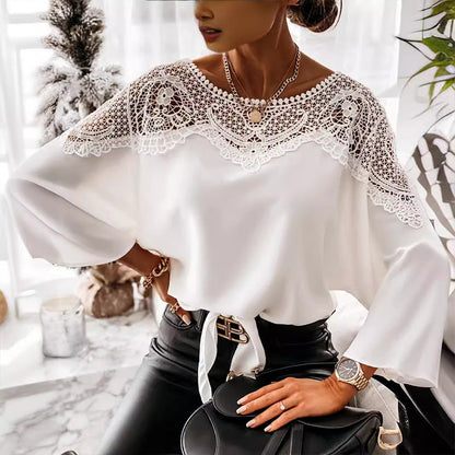 Women's Autumn 3/4 Sleeves Sexy Lace Sewn Elegant Vintage Style Blouse.