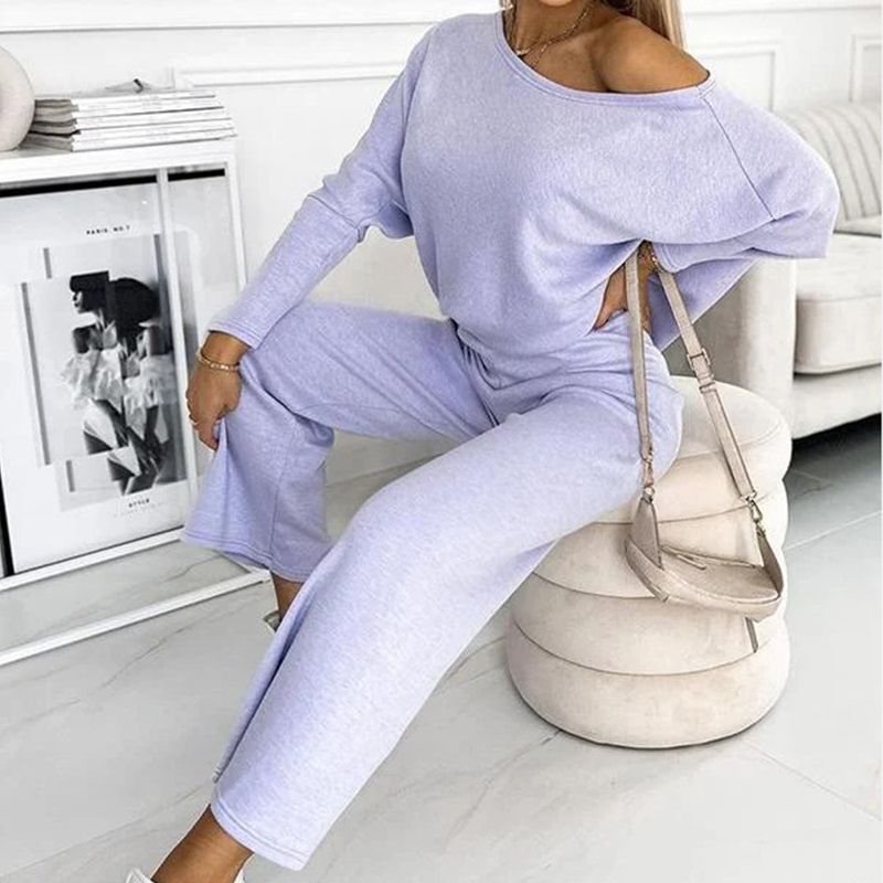 ✨Women's Solid Color Drop Shoulder Pullover and Loose Pants Set